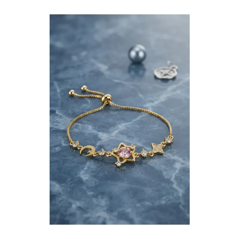 Pembe Taşlı Yıldız Model Gold Renk Zirkon Taşlı Asansörlü Bileklik
