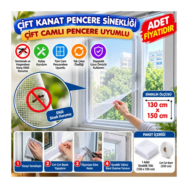 Tüm Cam Pencere Kapılara Uyumlu Çift Kanat Pencere Sinekliği (adet fiyatıdır)