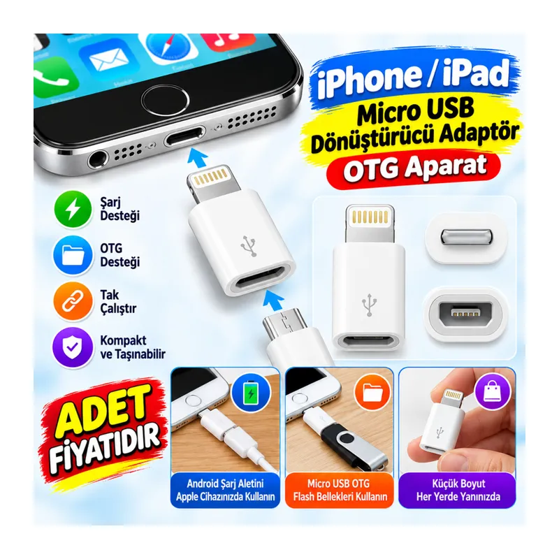 iPhone / iPad Micro Usb Dönüştürücü Adaptör OTG Aparat (adet fiyatıdır)