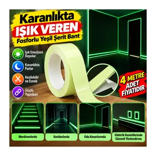 Karanlıkta Işık Veren Yansıyan 4 Metre Fosforlu Yeşil Şerit Bant (adet fiyatıdır)