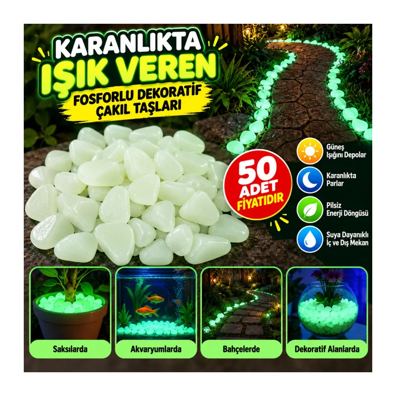 Gece Karanlıkta Işık Vererek Parlayan Dekoratif Çakıl Taşları