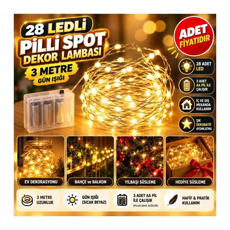 Peri Led Işık 28 Ledli 3 Metre Sarı Led Şerit Aydınlatma Spot Led