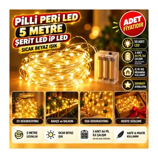 Peri Led Işık 5 Metre (Sarı) Pilli Aydınlatma Şerit Saçak Spot Süsleme