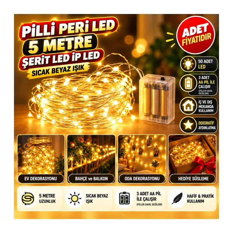 Peri Led Işık 5 Metre (Sarı) Pilli Aydınlatma Şerit Saçak Spot Süsleme