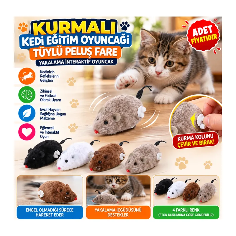 Kurmalı Kedi Eğitim Oyuncağı Tüylü Peluş Fare Yakalama İnteraktif Sevimli Eğlenceli Oyuncak (adet fiyatıdır)