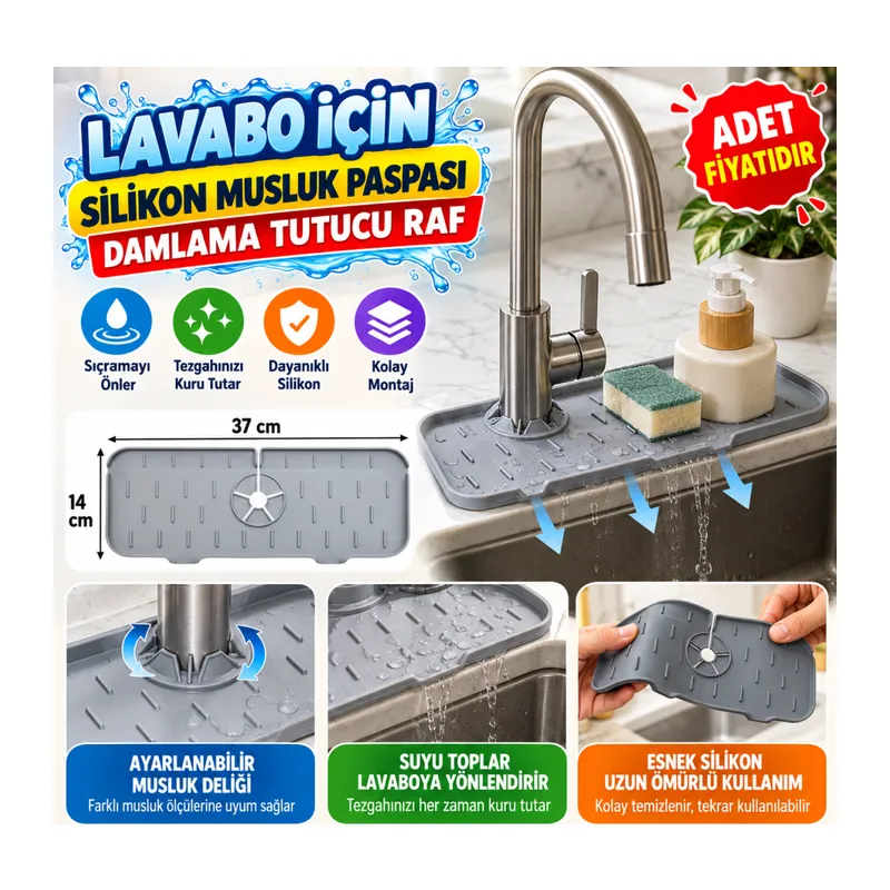 Lavabo İçin Silikon Esnek Mat Musluk Sapı Damlama Tutucu Raf Mutfak Tezgahı Sıçrama Koruma (adet fiyatıdır)