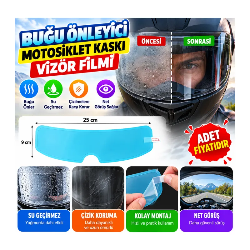 Buğu Önleyici Motosiklet Kaskı Vizörü Su Geçirmez Dayanıklı Çizik Koruma Lens Filmi (adet fiyatıdır)