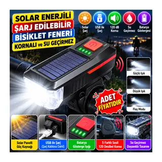 Solar Enerjili USB ile Şarj Edilebilir Ledli Bisiklet Feneri Kornalı ve Su Geçirmez Far (adet fiyatıdır)