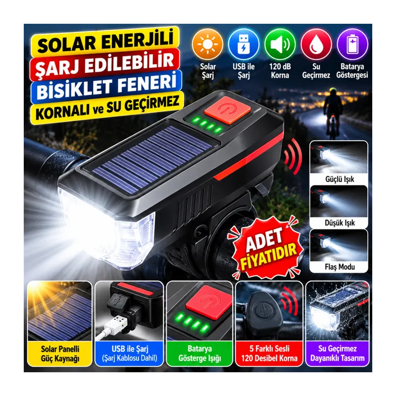 Solar Enerjili USB ile Şarj Edilebilir Ledli Bisiklet Feneri Kornalı ve Su Geçirmez Far (adet fiyatıdır)