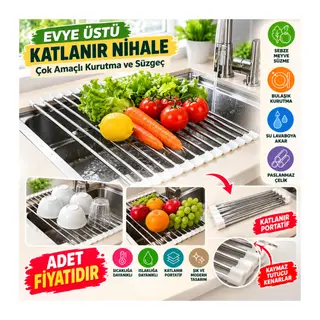 Evye Üstü Katlanır Nihale Paslanmaz Çelik Pratik Sebze Meyve Bulaşık Kurutma Süzgeci (adet fiyatıdır)