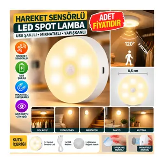 Hareket Sensörlü Usb Şarjlı Spot Lamba Mıknatıslı ve Yapışkanlı Gün Işığı Renk Led (adet fiyatıdır)