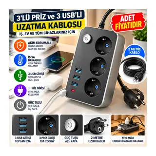 Isıya Dayanıklı Termal Akım Korumalı 2 Mt 10A 2500W 3lü Priz ve 3 Usbi 21A Uzatma Kablosu (adet fiyatıdır)