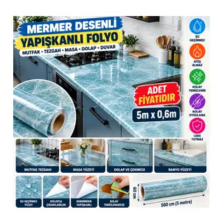Mermer Desenli Masa Tezgah Mutfak Su Geçirmez Yapışkanlı Folyo Sticker Mavi 5x0,6m
