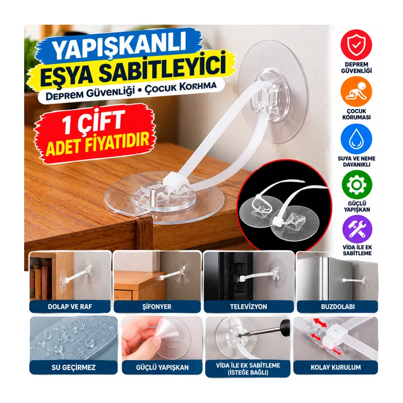 Yapışkanlı Eşya Sabitleyici Aparat Deprem Güvenliği Çocuk Koruma Sabitleme Aparatı 1 Çift