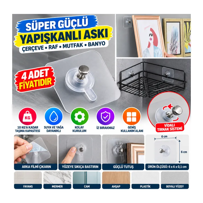 Süper Güçlü Çerçeve Askısı Pin Delgisiz Vidalı Tırnak Kanca Yapışkanlı Raf Tutucu Askı 4 Adet