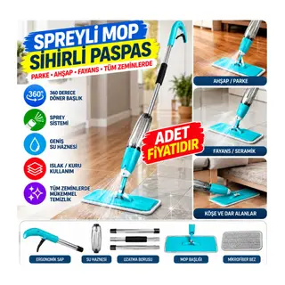 Döner Başlıklı Spreyli Mop Parke Ahşap Fayans Temizleyici Su Hazneli Sihirli Paspas(adet fiyatıdır)