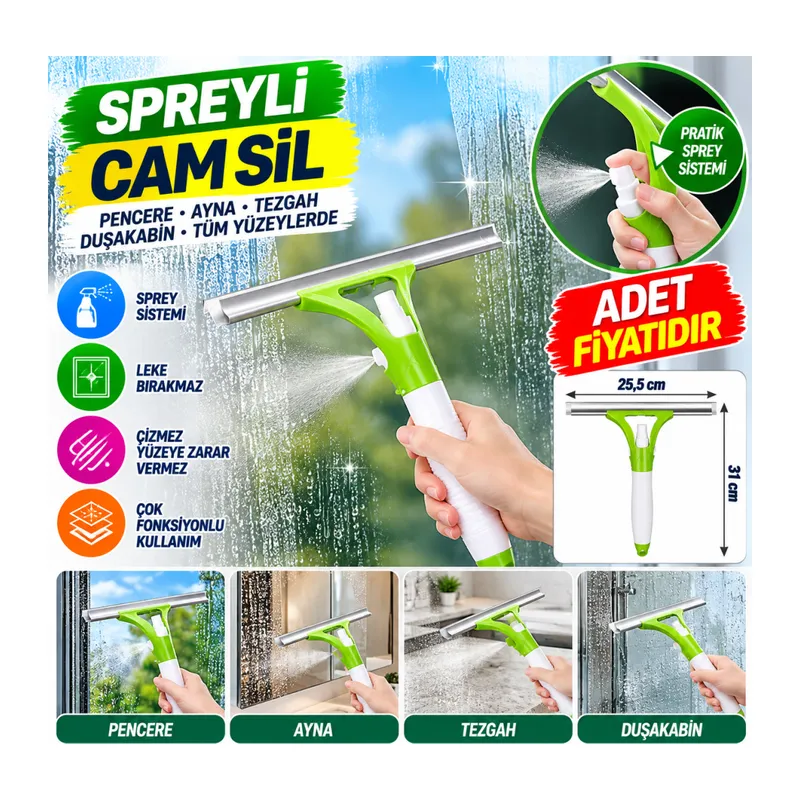 Pratik Spreyli Cam Sil Pencere Ayna Tezgah Duşakabin Temizleyici Püskürtmeli Silme Aparatı (adet fiyatıdır)