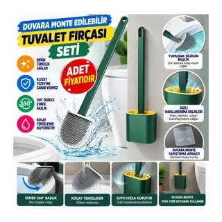 Duvara Monte Edilebilir Kapaklı Askılı Klozet Yumuşak Silikon Başlıklı Tuvalet Fırçası Seti