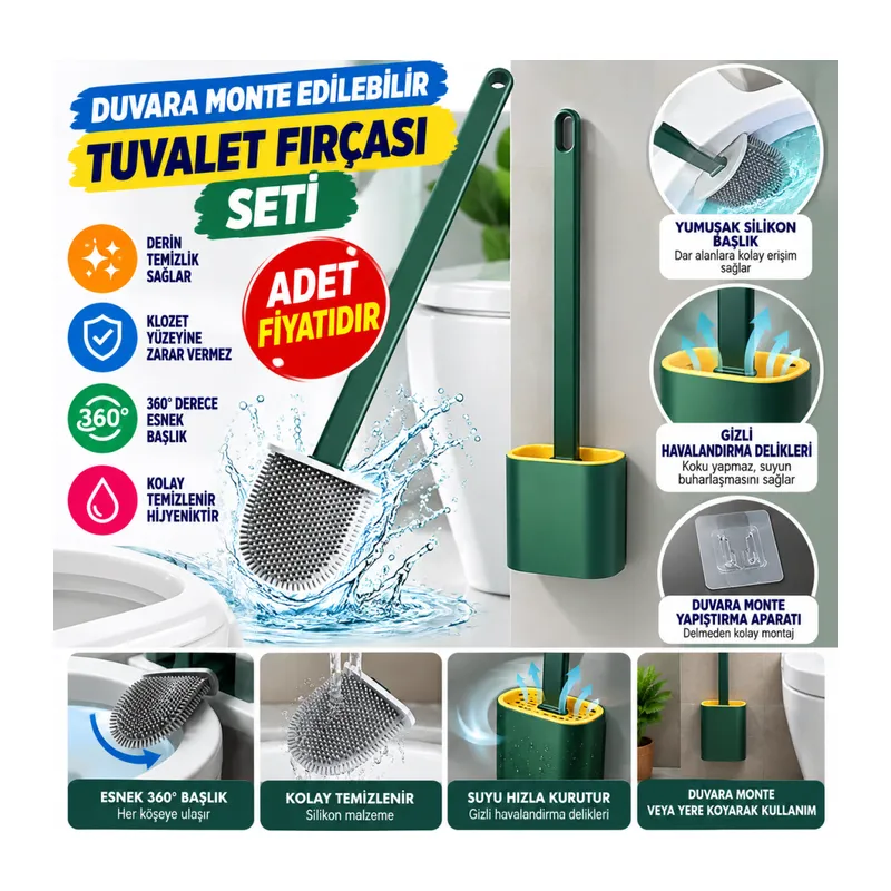 Duvara Monte Edilebilir Kapaklı Askılı Klozet Yumuşak Silikon Başlıklı Tuvalet Fırçası Seti