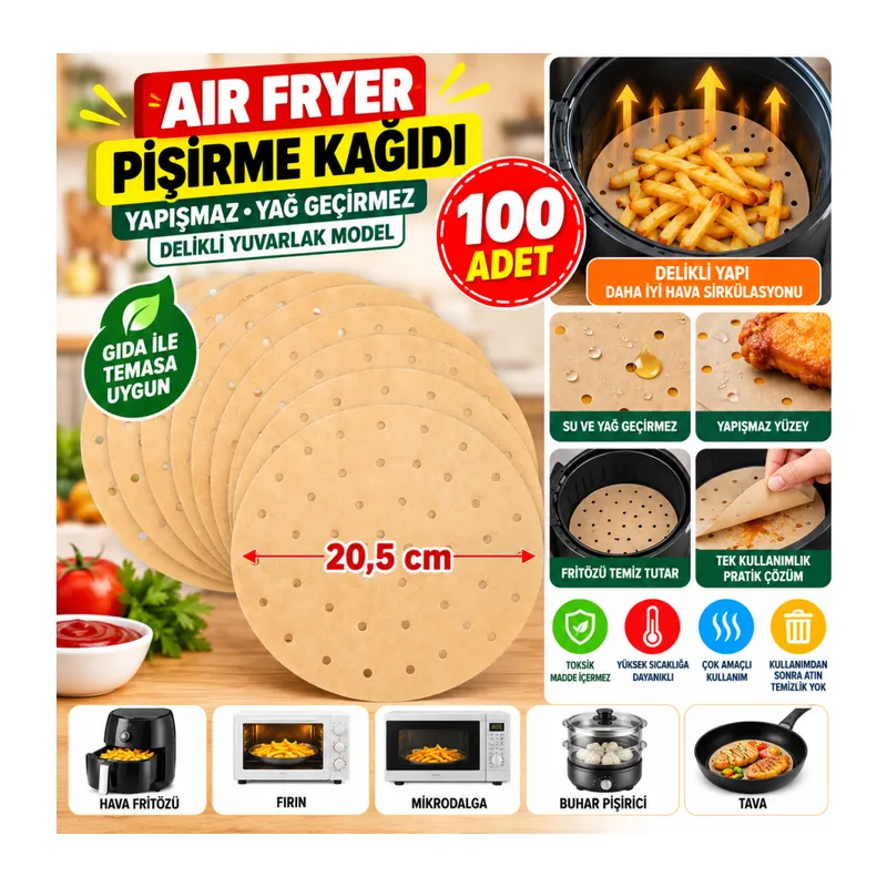 100 Adet Air Fryer Pişirme Kağıdı Tek Kullanımlık Hava Fritözü Yuvarlak Delikli Model