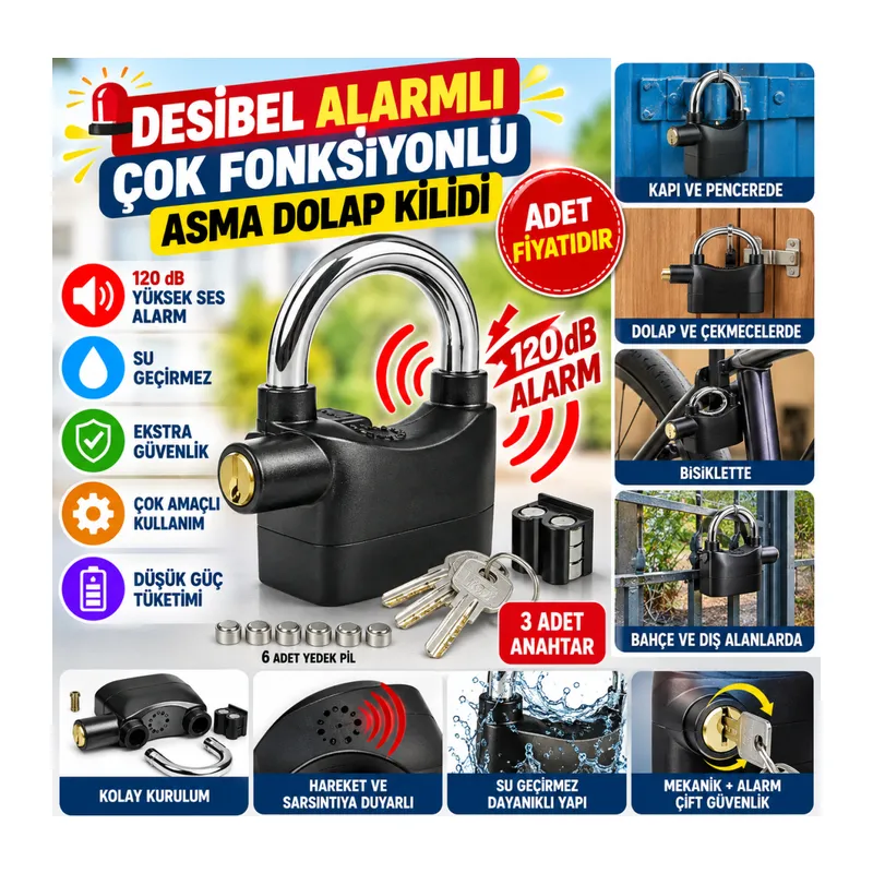 Desibel Siyah Alarmlı Çok Fonksiyonlu Ekstra Güvenlikli Kare Asma Dolap Kilidi (adet fiyatıdır)