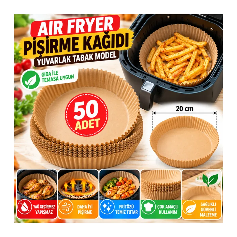 50 Adet Air Fryer Pişirme Kağıdı Tek Kullanımlık Hava Fritöz Yağ Geçirmez Yapışmaz Tabak Model