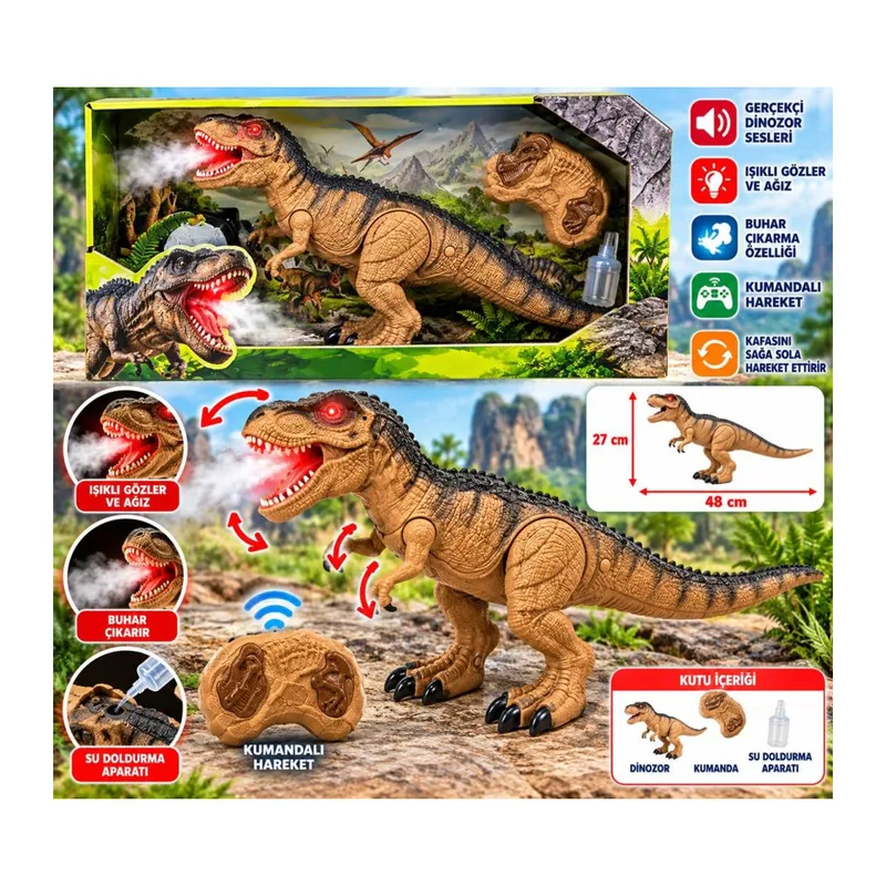 Sesi Işıklı Kumandalı Buharlı Dinozor T-Rex
