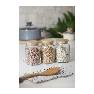 3 Lü Set Bambu Kapaklı Cam Kavanoz & Erzak Saklama Kabı 800 ml Orta Boy (Vakum Kapak)