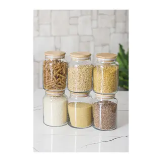 6 Lı Set Bambu Kapaklı Cam Kavanoz & Erzak Saklama Kabı 800 ml Orta Boy (Vakum Kapak)