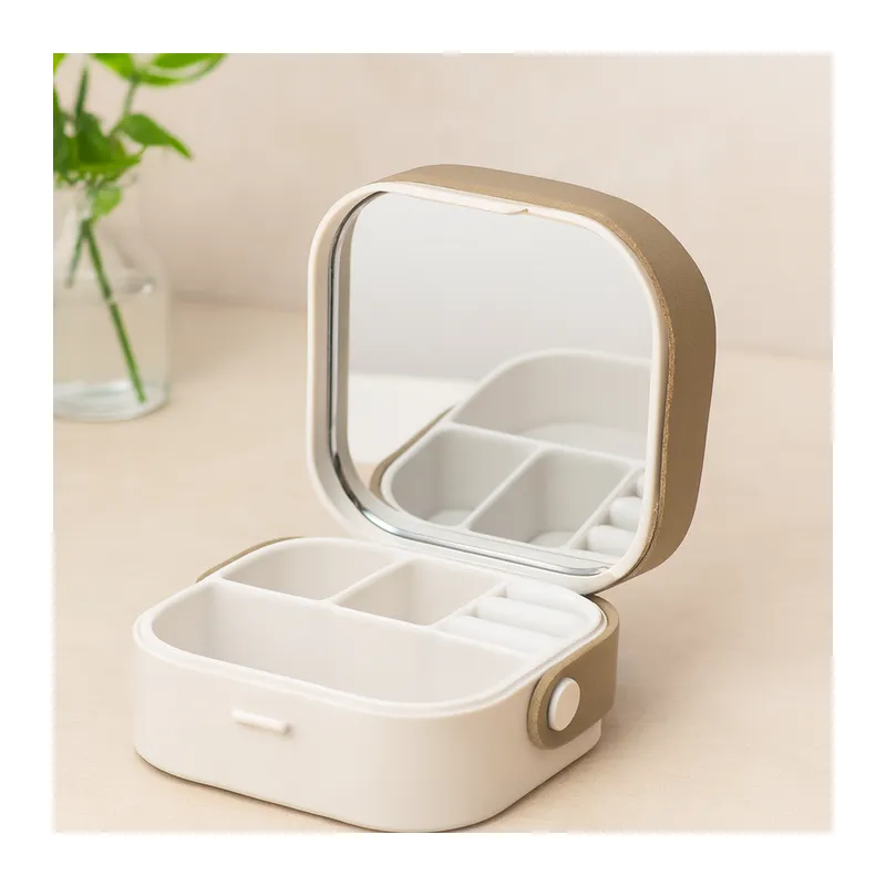 Aynalı Makyaj ve Takı Organizer Çanta 9x9x3.7 cm - 4 Bölmeli