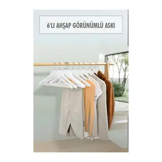 6?lı Ahşap Görünümlü Askı Beyaz 44 cm