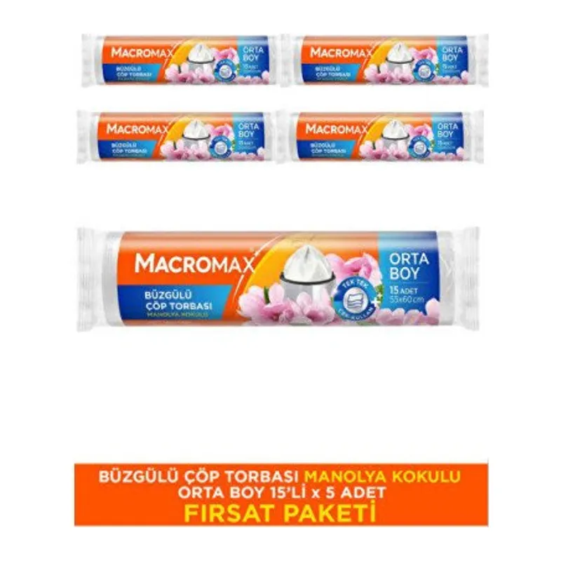 (MACROMAX ORTA BÜZGÜLÜ ÇÖP POŞETİ MANOLYA KOKULU 15 Lİ (5 Adet)