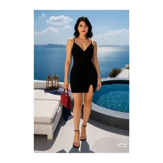 V Yırtmaçlı Elbise Mini Abiye Yaka Askılı