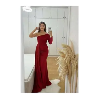 Krep Elbise Kuyruklu Omuz Maxi Abiye Tek Kumaş