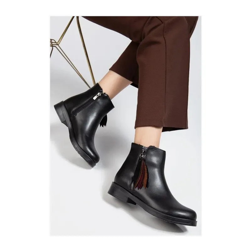 Kadın Fermuarlı Günlük Cilt Yaprak Desenli Bot
