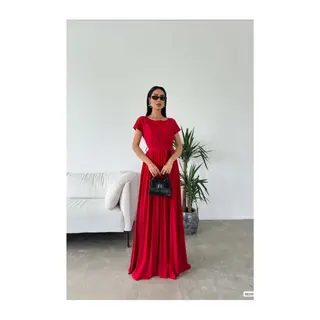Kayık Elbise Maxi Kollu Kısa Kuşaklı Yaka