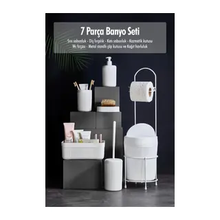 7 Parça Beyaz Banyo Seti Metal Stantlı Kovalı Wc Kağıtlık Kozmetik Kutusu Diş Fırçalık Ve Sabunlukla