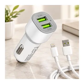 Araç Çakmaklık Çift USB Hızlı Şarj Başlığı ve Lightning Kablosu