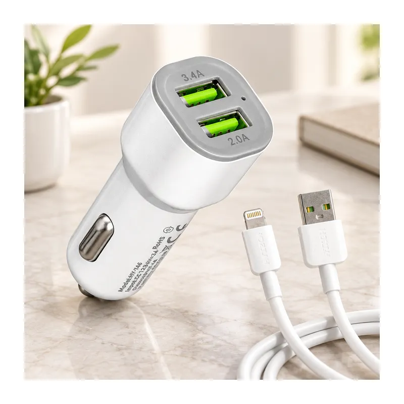 Araç Çakmaklık Çift USB Hızlı Şarj Başlığı ve Lightning Kablosu