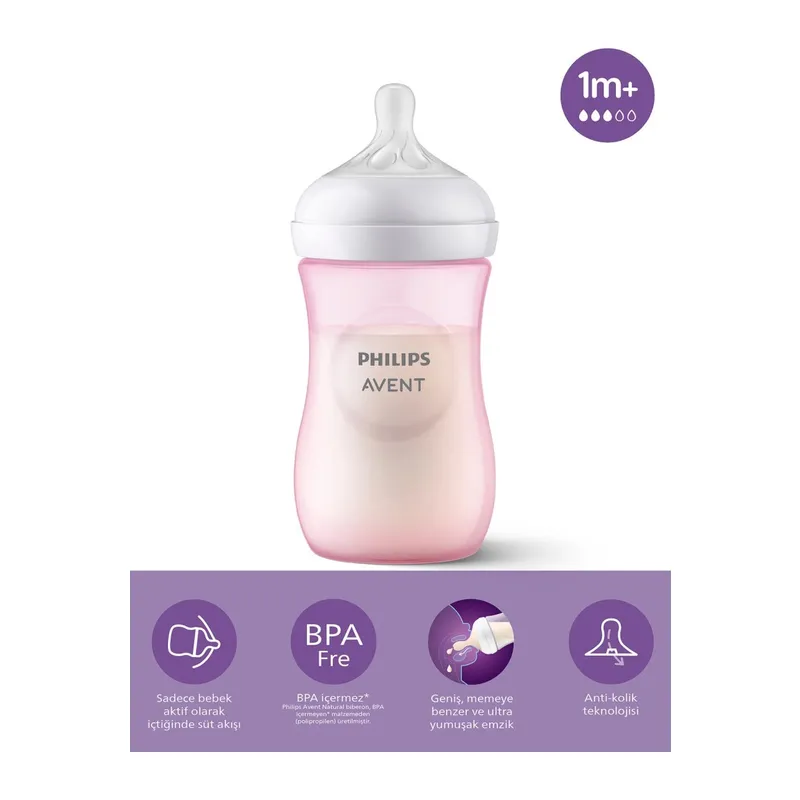 Doğal Tepkili Natural Response PP Biberon 260 ml 1+ Ay Pembe