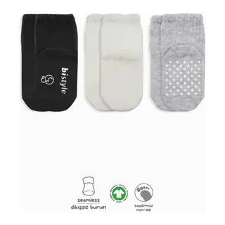 3'Lü Basic Kaymaz Penye Soket Çorap 10107 Siyah Ekru Gri