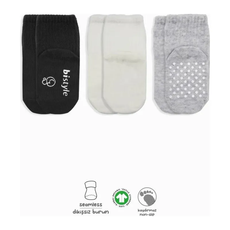 3'Lü Basic Kaymaz Penye Soket Çorap 10107 Siyah Ekru Gri