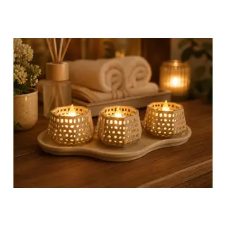 3D Baskı Dekoratif Mumluk Seti - Desenli Tealight ve Masaüstü Aydınlatma Objesi-Bej