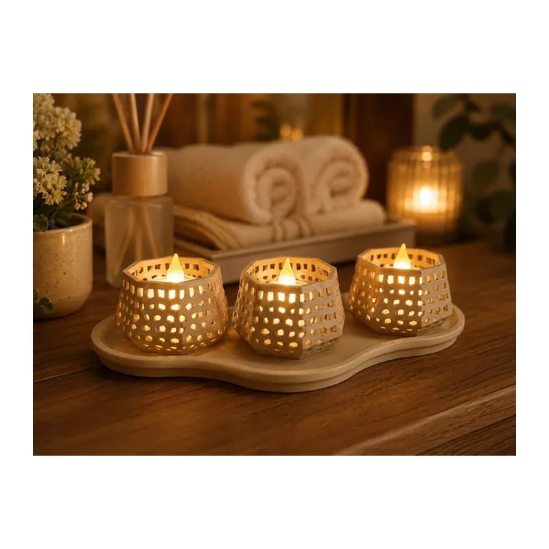 3D Baskı Dekoratif Mumluk Seti - Desenli Tealight ve Masaüstü Aydınlatma Objesi-Bej