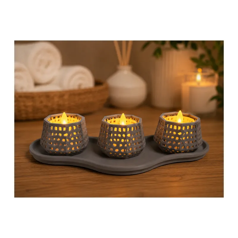 3D Baskı Dekoratif Mumluk Seti - Desenli Tealight ve Masaüstü Aydınlatma Objesi-Gri