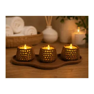 3D Baskı Dekoratif Mumluk Seti - Desenli Tealight ve Masaüstü Aydınlatma Objesi-Kahverengi