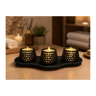 3D Baskı Dekoratif Mumluk Seti - Desenli Tealight ve Masaüstü Aydınlatma Objesi-Siyah