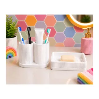 3D Baskı Diş Fırçalık ve Sabunluk Seti - Lavabo Üstü Banyo Organizeri-Beyaz