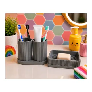 3D Baskı Diş Fırçalık ve Sabunluk Seti - Lavabo Üstü Banyo Organizeri-Gri