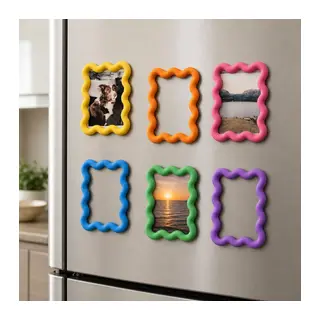 3D Baskı 6lı Asorti Renk Dalgalı Magnet Fotoğraf Çerçevesi Seti - Buzdolabı İçin Mini Manyetik Resim Çerçevesi